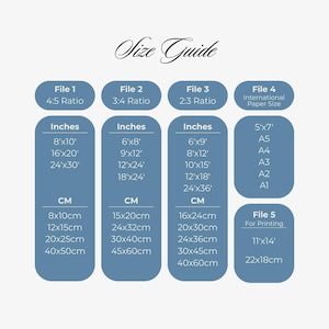 May include: A size guide chart with the title "Size Guide" in elegant script. The chart displays dimensions in inches and centimeters for various print sizes, including 8x10 inches (20x25cm), 16x20 inches (40x50cm), and more. It also includes international paper sizes.