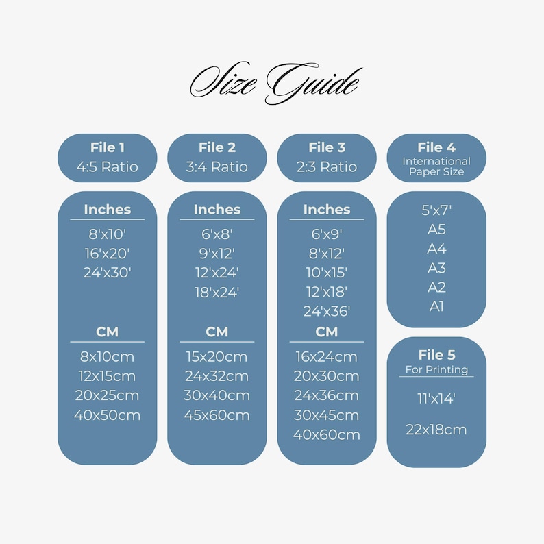 May include: A size guide chart with the title "Size Guide" in elegant script. The chart displays dimensions in inches and centimeters for various print sizes, including 8x10 inches (20x25cm), 16x20 inches (40x50cm), and more. It also includes international paper sizes.