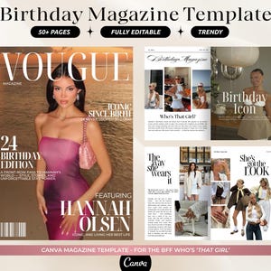 May include: A magazine template with the headline "Birthday Magazine Template." The cover features a woman in a pink dress, with the Vogue magazine logo. The text includes "24 Birthday Edition" and "Hannah Olsen."
