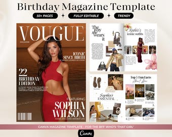 Sjabloon verjaardagstijdschrift | Gepersonaliseerd verjaardagscadeau voor beste vriend | Stijltijdschrift Vogue | Bewerkbare geschenken | Beste aandenken