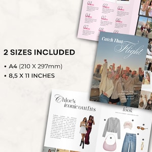 May include: A collection of printed pages with the text "Catch That Flight" and "Chloe's iconic outfits." The pages include photos, text, and a style guide. The dimensions are 8.5 x 11 inches and A4 (210 x 297mm).