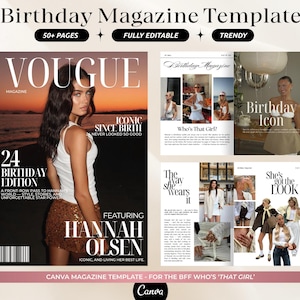 Könnte beinhalten: Eine Magazinvorlage mit einem Cover im Vogue-Stil mit einer Frau. Auf dem Cover steht "24 Birthday Edition" und "Hannah Olsen". Zusätzliche Seiten zeigen Mode- und Lifestyle-Inhalte. Die Vorlage enthält den Text "Vollständig bearbeitbar" und "Trendy".