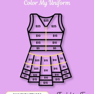 May include: A purple flyer with the text "CHEER FUNDRAISER" and "Color My Uniform." A cheerleading uniform outline is divided into sections with dollar amounts. The bottom of the flyer says "Thank You For Your Support!"