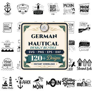 Op de afbeelding: Een digitale collectie van meer dan 120 nautische grafische ontwerpen in zwart-wit met ankers, vuurtorens, meeuwen en Duitse teksten zoals Moin, Anker werfen en Strand Lieb, gebundeld als bestanden voor SVG, PNG, EPS en DXF.