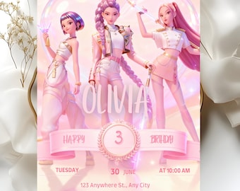 KPOP-verjaardagsuitnodiging: bewerkbare roze digitale feestuitnodiging (5 x 7 in)