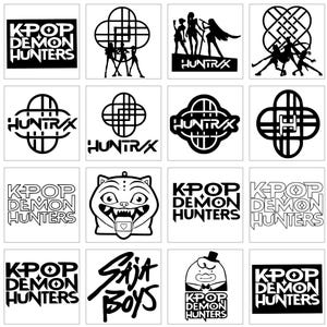 May include: A grid of black and white graphic designs. The designs include text that says "KPOP DEMON HUNTERS", "HUNTRAX", and "Sija Boys". Other designs feature stylized figures and a cartoon cat.