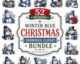 Christmas Snowman Clipart Bundle, 52 Blue Snowman PNG, Winter Holiday Clipart, Watercolor Snowman Sublimation Designs