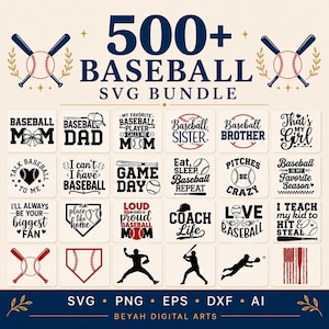 Op de afbeelding: Een digitale collectie van 500+ honkbal-thema SVG-ontwerpen met diverse typografie, honkbalknuppels, ballen, honkplaten en silhouetten. De afbeeldingen bevatten zinnen zoals Baseball Mom, Baseball Dad, Coach Life en Game Day.