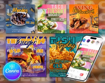 Zestaw ulotek z ofertami specjalnymi restauracji: edytowalne szablony Canva (do pobrania w wersji cyfrowej)