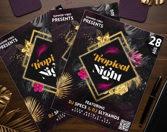 Ulotka na imprezę Tropical Night: edytowalny szablon Canva (do pobrania w wersji cyfrowej)