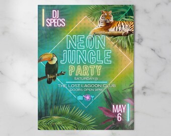 Ulotka na imprezę Neon Jungle Party – edytowalny szablon Canva | Zaproszenie na imprezę w klubie nocnym | Cyfrowe pobieranie DJ-a na imprezę