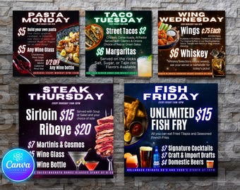 Ulotka z cotygodniowymi ofertami specjalnymi restauracji: Edytowalne menu potraw i napojów (szablon Canva)