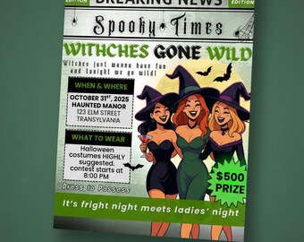 Ulotka na imprezę halloweenową „Witches Gone Wild”: edytowalny szablon Canva (do pobrania w wersji cyfrowej)