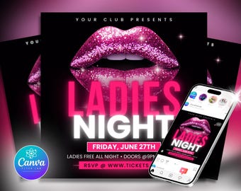 Szablon ulotki Ladies Night: edytowalny projekt Canva (pobranie cyfrowe)