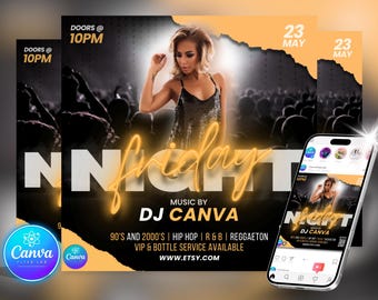 Pakiet ulotek na piątkową imprezę: edytowalne szablony Canva (do pobrania w wersji cyfrowej)