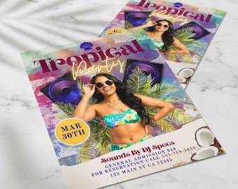 Ulotka na imprezę tropikalną: edytowalny szablon Canva (do pobrania w wersji cyfrowej)