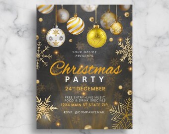 Elegancka ulotka na świąteczną imprezę biurową: Złoty płatek śniegu w formacie Canva (do pobrania w wersji cyfrowej)