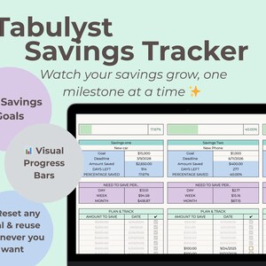 May include: A digital savings tracker on a laptop screen. The interface displays savings goals, deadlines, and progress bars. Text includes "Tabulyst Savings Tracker" and "Watch your savings grow, one milestone at a time."