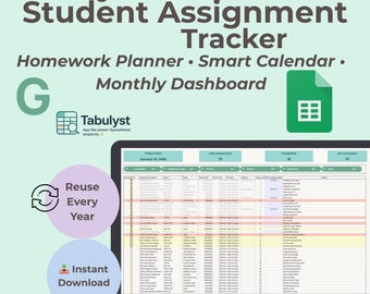 Simple Student Assignment Tracker: Smart Calendar, Google Sheets (Digital Download)