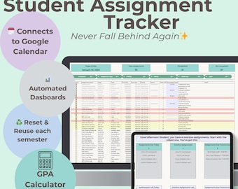 Seguimiento de tareas estudiantiles / Planificador digital universitario / Calculadora de promedio académico + Calendario inteligente + Panel de control (Hojas de cálculo de Google)