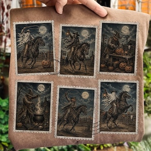 Vintage Halloween Postage Stamp PNG , Ghost Cowboy Pumpkin Scarecrow Western Gothic Sublimation, Spooky Fall Shirt Design