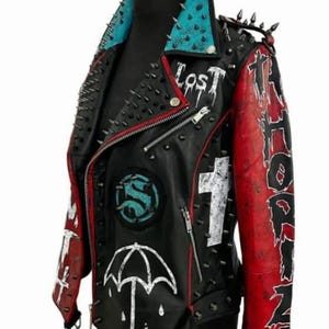 Handmade Leather Jacket | Punk Rock Studded Jacket | Hand-Painted Biker Jacket | Gothic Streetwear | Men and Women Customized Leather Jacket