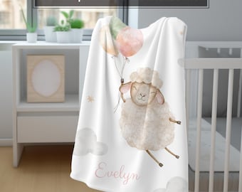 Manta polar personalizada para niños, ilustración de cordero, decoración infantil, diseño personalizado, manta suave para niños pequeños, idea de regalo para baby shower, arte con globos