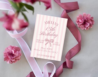 Invitación vintage con lazo rosa coqueto, descarga digital personalizable