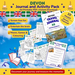 May include: A Devon Journal and Activity Pack featuring 10 pages of printable A4 content. The set includes mazes, games, colouring sheets, and travel journal pages with text such as Devon Travel Journal, This Book Belongs To, and My Travel Journal.