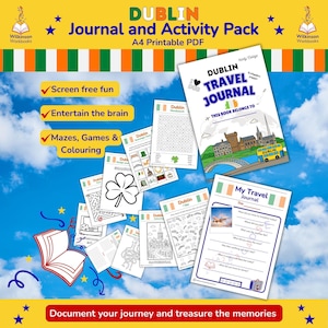 Könnte beinhalten: Ein Dublin Journal und Activity Pack, ein druckbares A4-PDF, enthält ein Reisetagebuch und Aktivitätsseiten mit Labyrinthen, Spielen und Ausmalbildern. Auf dem Cover steht "Dublin Travel Journal" mit Illustrationen von Dublin. Es verspricht bildschirmfreien Spaß und Gehirn-Training.