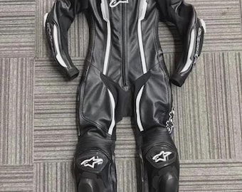Motorbike One-Piece Leather  Racing Suit – Black White Track Gear Armor
