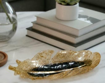 Gold Leaf Feather Tray - Black Epoxy, Decorative Catch-All