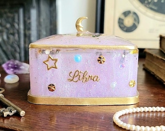 Hand-Painted Libra Jewelry Box – Celestial Trinket, Custom Astrology Gift