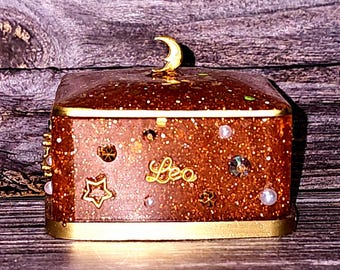 Leo Zodiac Resin Jewelry Box – Celestial burnt orange Keepsake (3x3")