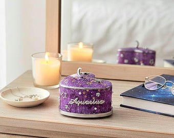 Aquarius Jewelry Box – Hand-Painted Celestial Heart Trinket, Custom Astrology Gift
