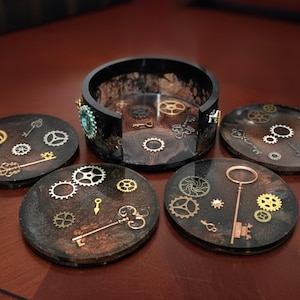 Posavasos Steampunk de 3,5 pulgadas de diámetro (4 piezas) y almacenamiento - Regalo de inauguración de la casa o cumpleaños