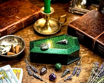 Gothic Coffin Box – Green Glitter Resin Jewelry Storage, Bird Skull Detail