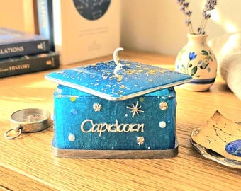 Hand-Painted Capricorn Jewelry Box – Celestial Heart Trinket, Custom Resin Art