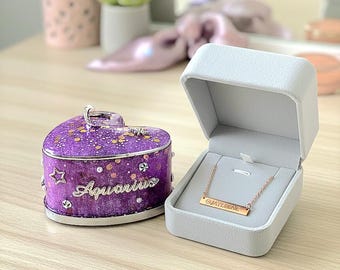 Aquarius Jewelry Box – Hand-Painted Celestial Heart Trinket, Custom Astrology Gift