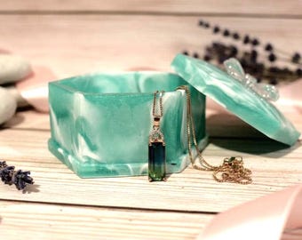 Marbled Resin Jewelry Box | Teal Swirl Trinket Dish with Bow Charm