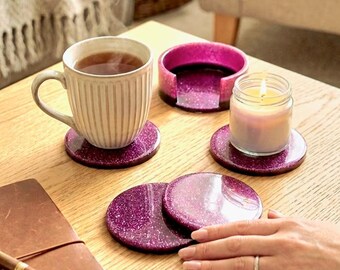 Magenta Anti-Slip Super Spakle Resin Coasters - Gift set of 4 with  matching holder