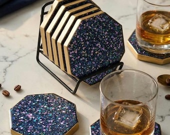 Galaxy Resin Octagon Coasters – Teal Holographic Glitter Set (5)