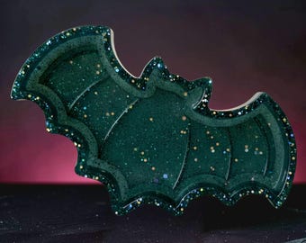 Gothic Bat Jewelry Dish – Teal Green Resin Trinket Tray with Crystals