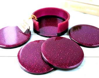 Magenta Anti-Slip Super Spakle Resin Coasters - Gift set of 4 with  matching holder