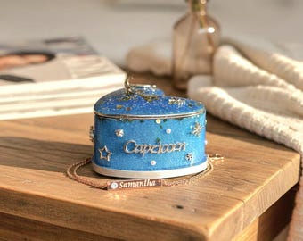Hand-Painted Capricorn Jewelry Box – Celestial Heart Trinket, Custom Resin Art