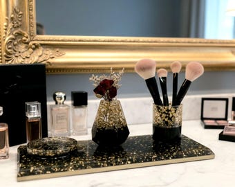 Handmade Black & Gold Leaf Resin Vanity Set – 4-Piece Luxe Home Decor