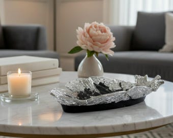 Black and Silver Epoxy Feather Tray with Polished Chrome