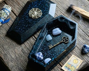 Blue Glitter Coffin Jewelry box with Silver  Spider Web