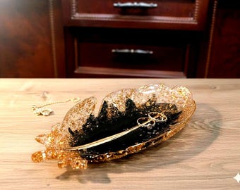 Copper and Black Feather Tray: Handcrafted Epoxy Jewelry Dish