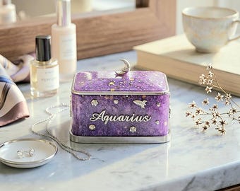 Amethyst Aquarius Jewelry Box: Hand-Painted Silver, Celestial Design
